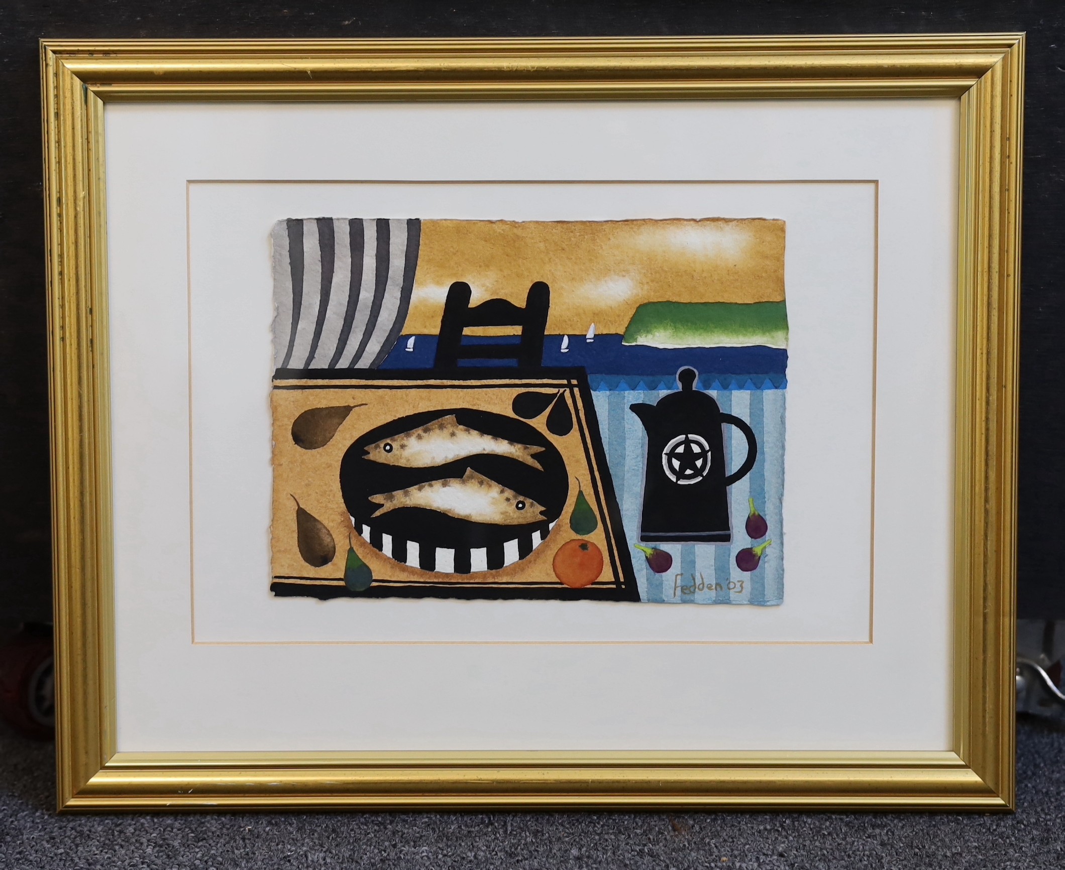 Mary Fedden (1915-2012), Tabletop still life with a coastal view beyond, watercolour, 16 x 21cm.